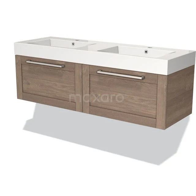 Double oak vanity unit with white ceramic sinks, ideal as a stylish storage solution for the bathroom.