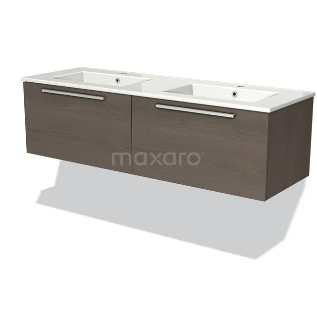 Modern wastafelmeubel met dubbele witte keramische wastafel, houtlook kast in bruin eiken, perfect voor een stijlvolle badkamer.