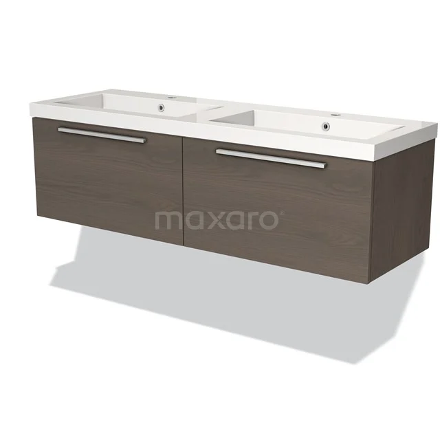 Modern badkamermeubel met dubbele wastafel, donker houten afwerking en strakke metalen grepen.