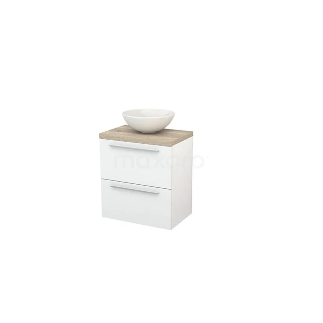 White hanging bathroom unit with wooden worktop, two drawers and a modern top-mounted basin; stylish and compact design.