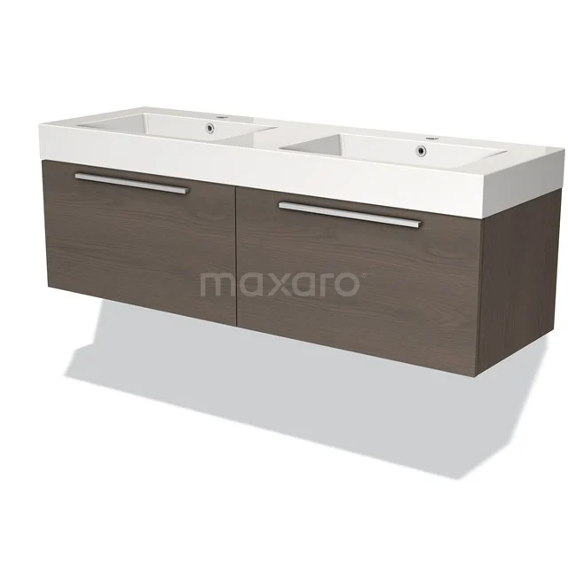 Dubbele wastafel met houten onderkast, donkerbruin, modern design, roestvrijstalen handgrepen, ideaal voor de badkamer.