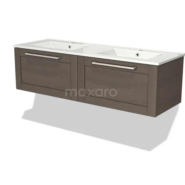 Double basin bathroom cabinet in wood look, with white ceramic basin, modern design and practical storage space.