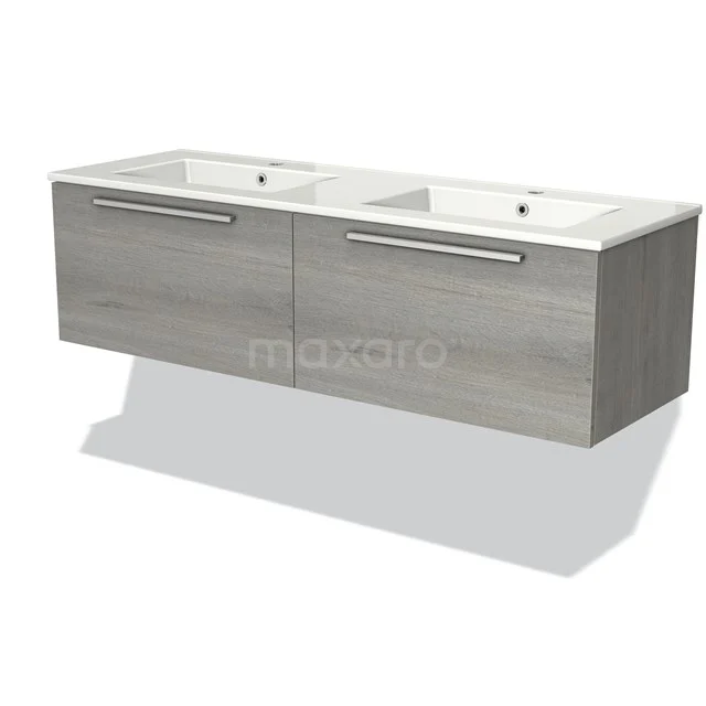 Dubbele wastafelmeubel met moderne houtlook, witte keramische waskommen en geïntegreerde handgrepen, perfect voor de badkamer.
