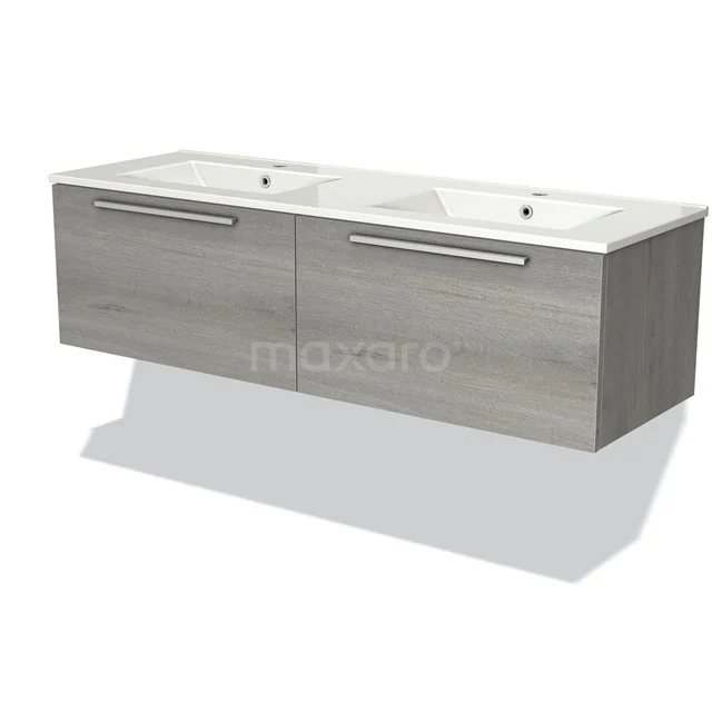 Houten dubbele wastafel met grijze lades, witte keramische wasbakken en chromen handgrepen, ideaal voor moderne badkamers.