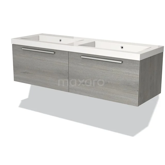 Houten badkamermeubel met dubbele witte wastafel, grijs gelakt, strak design en twee brede lades voor extra opbergruimte.
