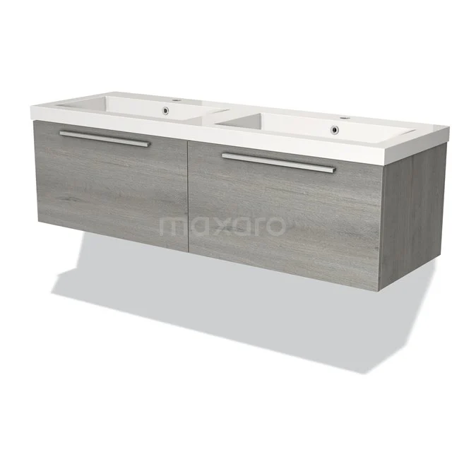 Dubbele wastafelmeubel in grijs hout, zwevend design, inclusief keramische waskommen, ideaal voor moderne badkamerstijl.