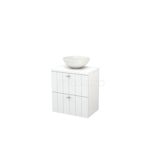 Modulo+ Plato Slim Vanity units for countertop basin | 60 cm High-gloss white Slat front High-gloss white worktop 2 Stacked drawers BMD000046 White bathroom unit with ceramic countertop wash basin, sleek design, and two storage compartments; ideal for modern bathrooms.