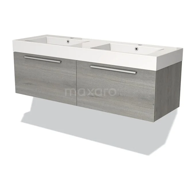 Graue Holz-Waschbeckenunterschrank mit doppeltem Waschbecken, rostfreien Haltegriffen und modernem Design für das Badezimmer.