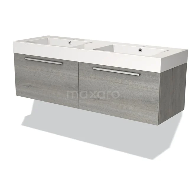 Grijze houten wastafelonderkast met dubbele wasbak, roestvrijstalen handgrepen en modern design voor de badkamer.