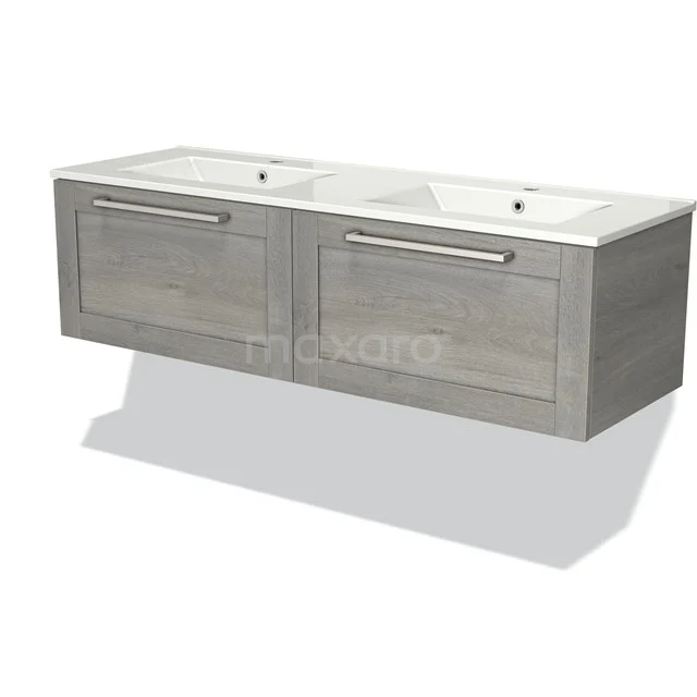 Houten badkamermeubel grijs met dubbele wastafel, modern design, ideaal voor opbergruimte en stijlvolle badkamers.