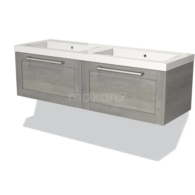 Dubbele grijze houten badkamermeubelset met zwevend design, twee witte wastafels en moderne metalen grepen.