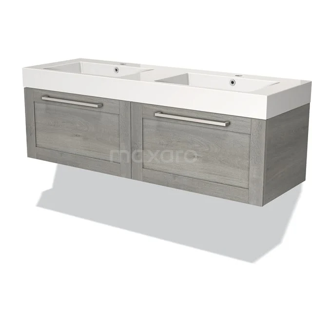 Badmöbel 140cm Modulo Graue Eiche 2 Schubladen Rahmen Waschbecken Mineralguss BMW12-00569 Doppelwaschbecken mit Schrank, Grau Holzlook, modernes Design, ideal für große Bäder, einschließlich breiter Schubladen.