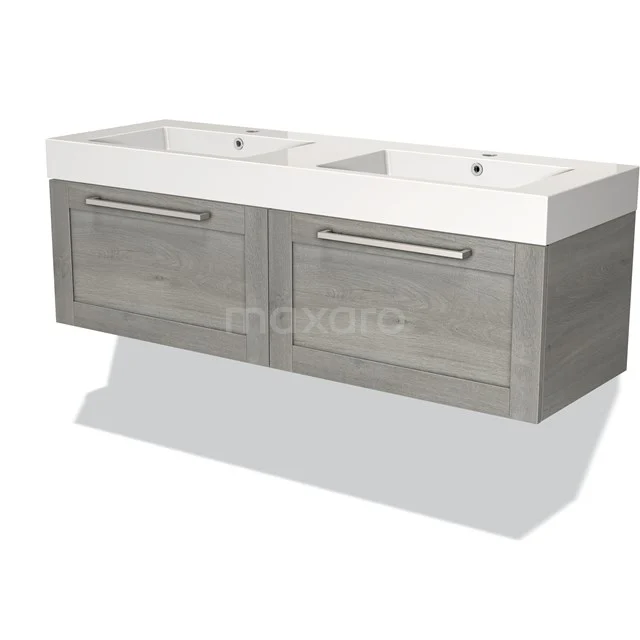 Dubbele wastafel met kast, grijs houtlook, modern design, ideaal voor ruime badkamers, inclusief brede opberglades.
