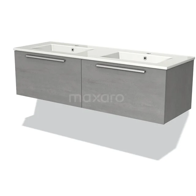 Badmöbel 140cm Modulo hellgrauer Beton 2 Schubladen Flaches Waschbecken aus Keramik BMW12-00571 Doppeltes graues Holz-Waschtisch mit rechteckigen weißen Keramik-Waschbecken, modernes Design für stilvolle Bäder.