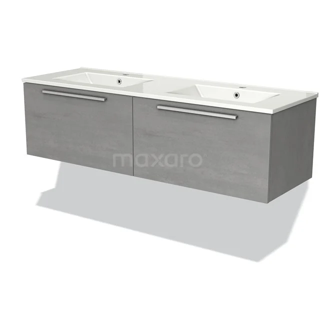 Grey floating bathroom furniture set with double basin, modern design, wood-look veneer and metal handles.
