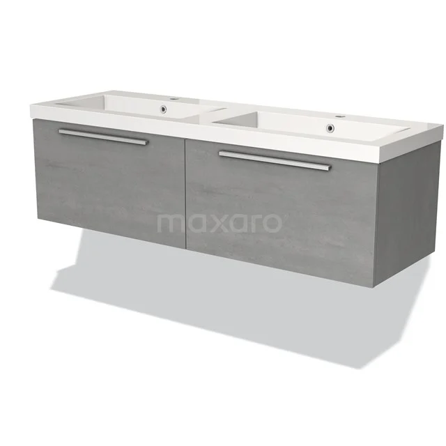 Badmöbel 140cm Modulo hellgrauer Beton 2 Schubladen Flaches Waschbecken Mineralguss BMW12-00574 Graue schwebende Badmöbelset mit Doppelwaschbecken, modernes Design und Softclose Schubladen, ideal für geräumige Bäder.