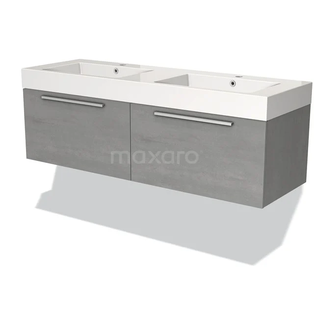 Grijze dubbele wastafelmeubel met witte keramische wasbakken, modern design, ideaal voor een stijlvolle badkamer inrichting.