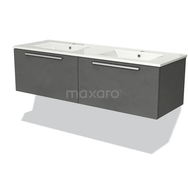 Moderne grijze badkamerkast met dubbele wastafel, minimalistisch design en handige opbergruimte.
