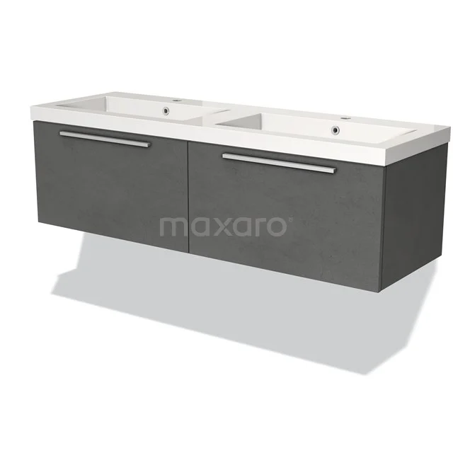 Donkergrijs badkamermeubel met dubbele wastafel, strak design, zwevend model, metalen grepen, ideaal voor moderne badkamers.