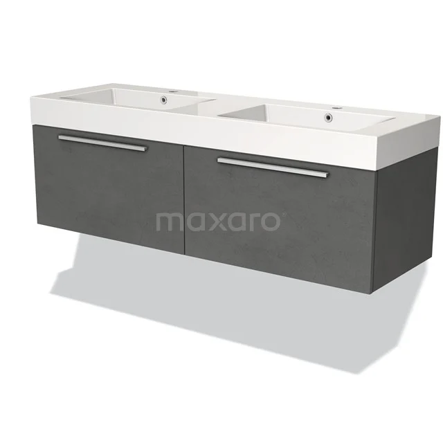 Dubbele wastafel met grijze zwevende onderkast, strak design, ideaal voor moderne badkamers.