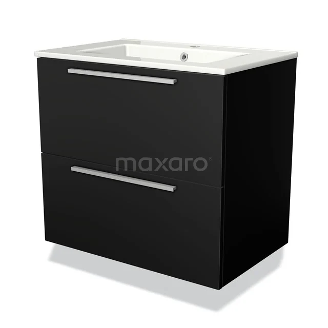 Zwarte badkamermeubelset met wastafel, strak design en chromen grepen, ideaal voor moderne badkamers.