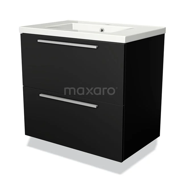 Schwarz Badmöbel mit zwei Schubladen, schlichtes Design, weißem Waschbecken und Chromgriffen, ideal für ein modernes Badezimmer.