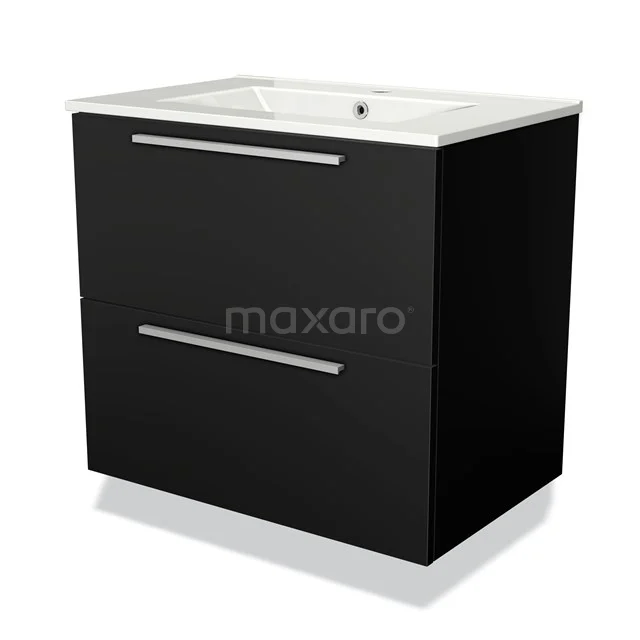 Black bathroom unit with two drawers, sleek design, white vanity units with basin and chrome handles, ideal for modern bathrooms.