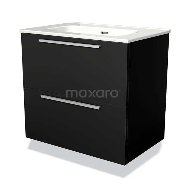 Black bathroom furniture set with two drawers, modern design, white Basin and chrome details, ideal for a stylish bathroom.