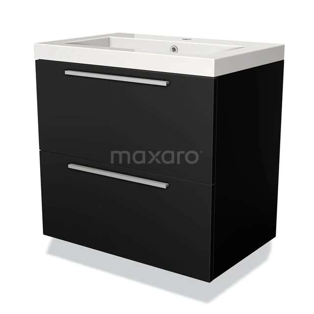 Zwarte badkamermeubel met twee lades, chroomgrepen en wit keramische wastafel; strak design voor moderne badkamers.