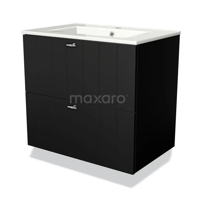 Black bathroom cabinet with two drawers, white ceramic basin and chrome handles, modern design for stylish bathroom.