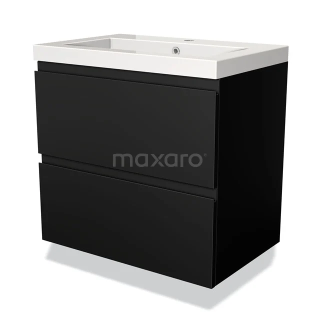 Zwarte badkamermeubelset met twee lades, witte keramische wastafel en strak design, perfect voor een moderne badkamer.