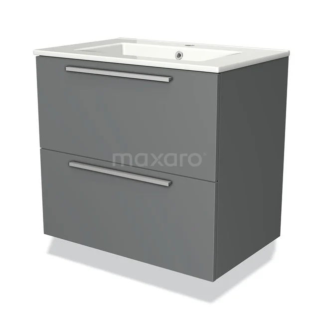 Grijze badkamermeubelset met twee lades, strak design, witte wastafel van keramiek en metalen handgrepen.