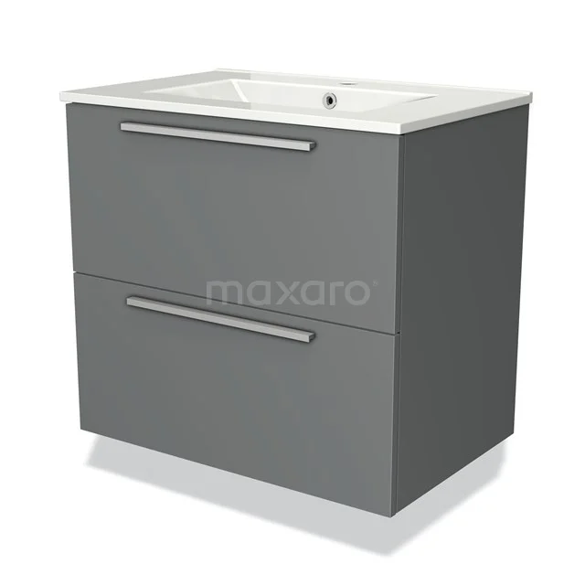 Dark grey Bathroom basin base cabinet with two drawers and a ceramic basin, modern design.
