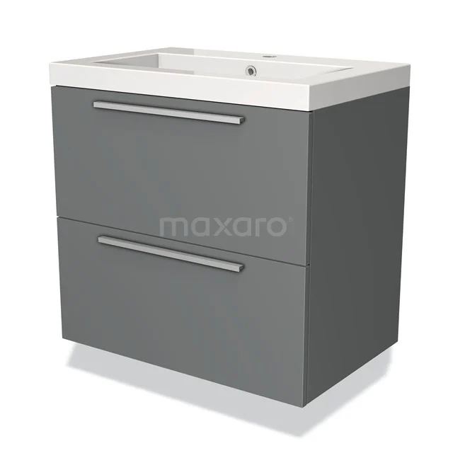 Grijze badkamerkast met twee lades, chromen handgrepen en een wit keramische wastafel; modern design voor jouw badkamer.