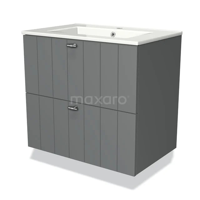 Anthracite-grey wooden bathroom furniture set with vertical lines, two drawers and integrated white basin.