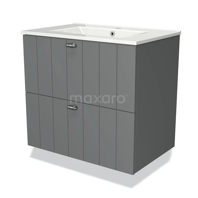 Grey bathroom cabinet with double doors, integrated white basin and modern vertical lines, ideal for bathroom storage.