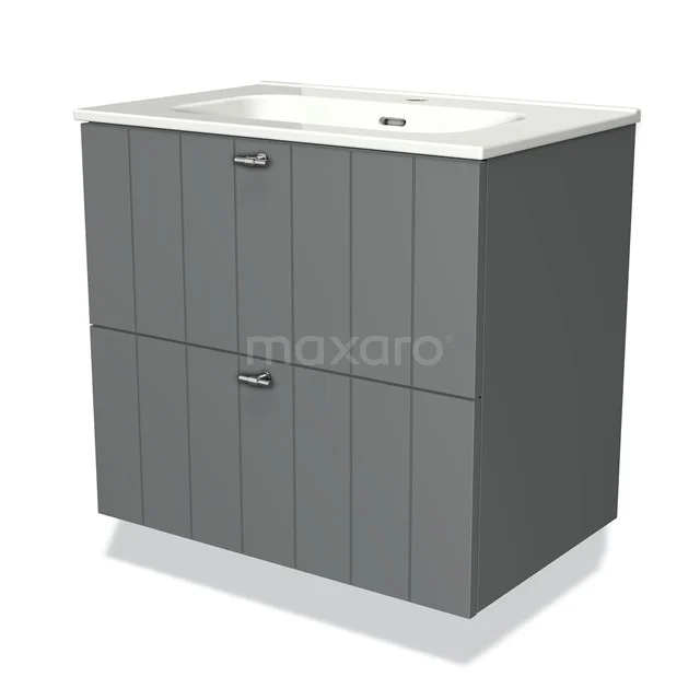 Grey vanity set with two drawers and white ceramic basin, modern design for an elegant bathroom.
