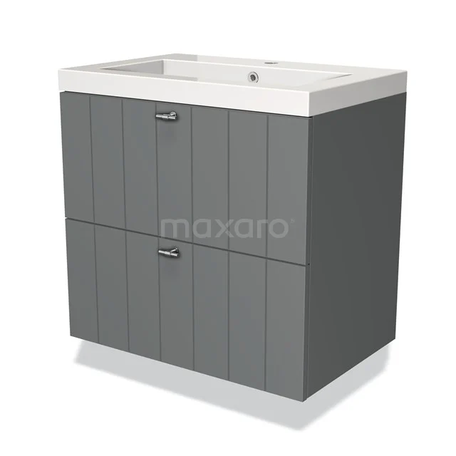Grijze badkamermeubelset met dubbele lades, verticale ribstructuur en witte keramische wastafel; modern en praktisch ontwerp.