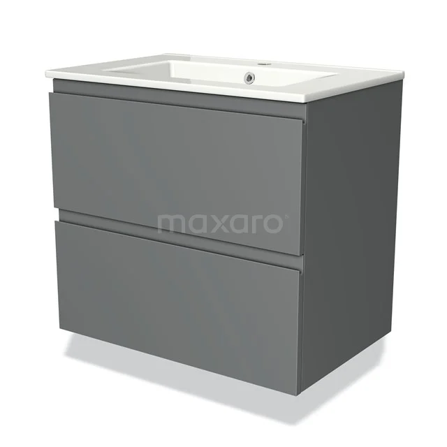 Grey bathroom furniture set with two drawers and ceramic basin, ideal for modern bathroom design.