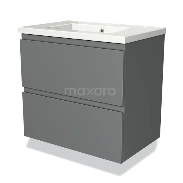 Grey bathroom furniture set with two drawers, white ceramic basin worktop, sleek design and suitable for modern bathrooms.