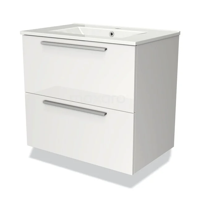 Wit badkamermeubel met twee lades, metalen handgrepen en keramische wastafel; strak en modern design.