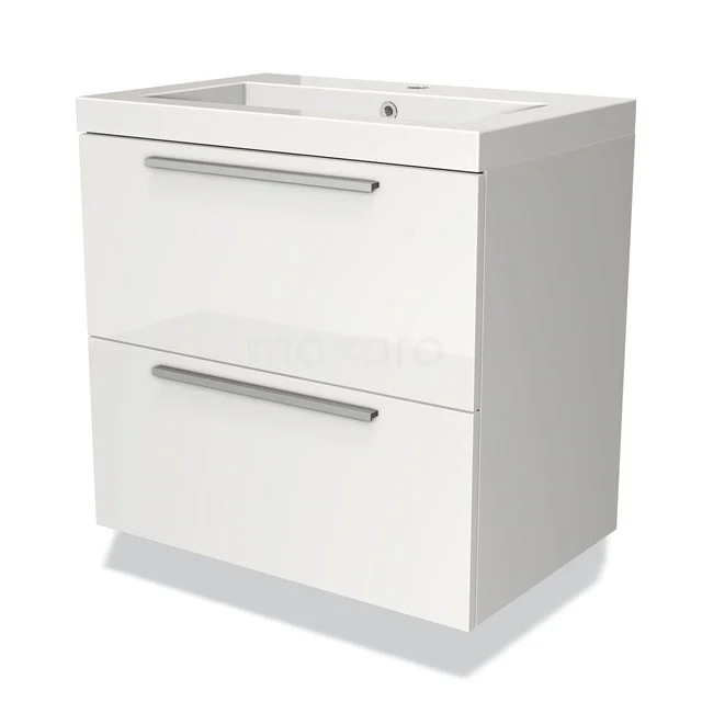 Wit zwevend badkamermeubel met twee lades, strakke metalen handgrepen en modern design, ideaal voor een georganiseerde badkamer.