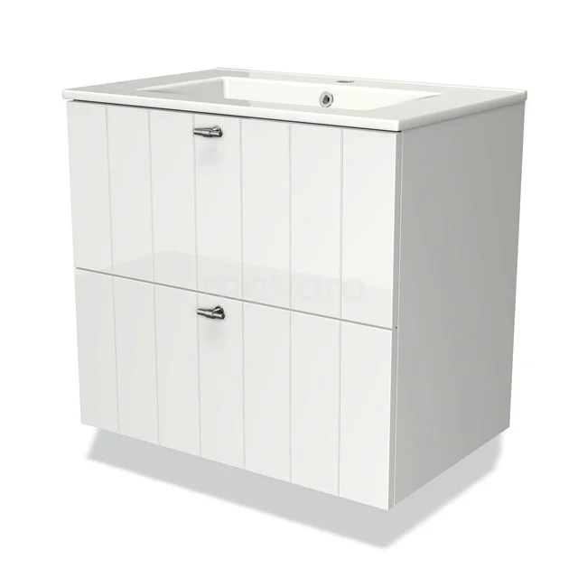 Modulo Bathroom furniture with sink | 70 cm High-gloss white Slat front Ceramic 2 Stacked drawers BMW17-01867 White bathroom furniture set with two soft-close drawers, wood grain pattern and integrated basin, ideal for a modern bathroom.
