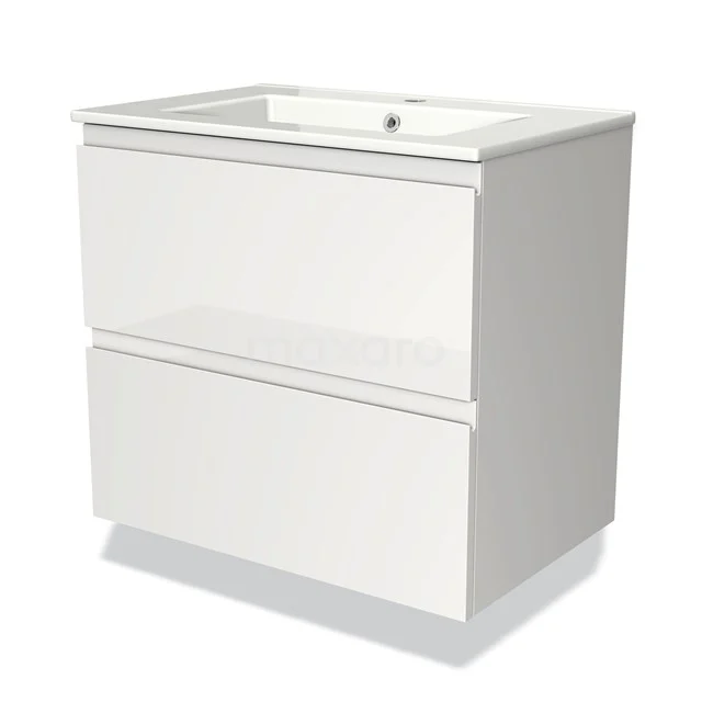 Wit badkamermeubel, modern design met 2 soft-close lades, hoogglans afwerking, geschikt voor wastafelmontage.