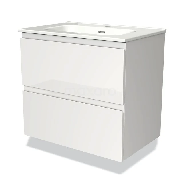 Wit badkamermeubel met keramische wastafel, strakke vormgeving en twee soft-close lades, geschikt voor moderne badkamers.