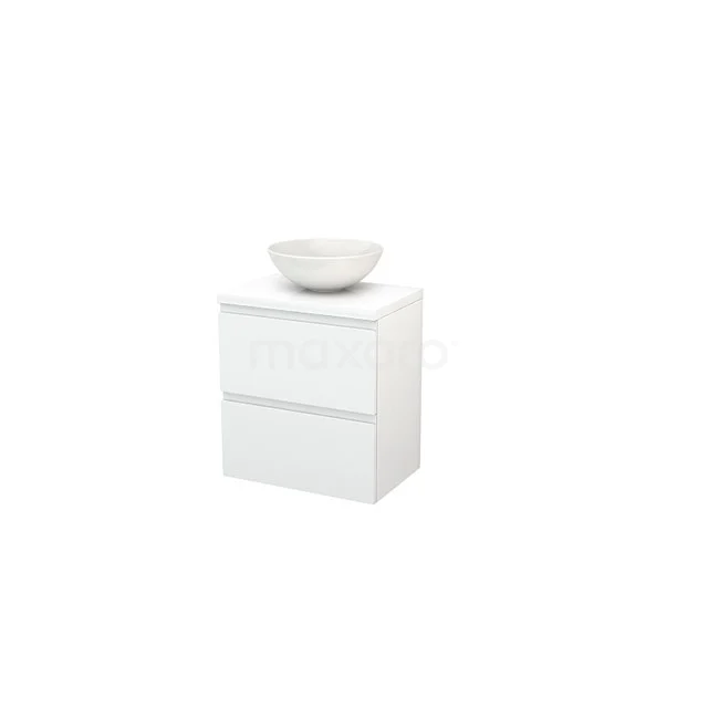 White bathroom cabinet with two drawers and a modern ceramic countertop wash basin, compact design ideal for smaller bathrooms.