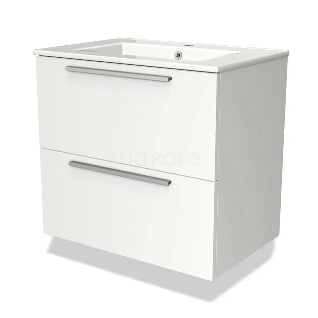 White Bathroom unit with two drawers, metal handles and ceramic basin, modern style for a sleek bathroom.