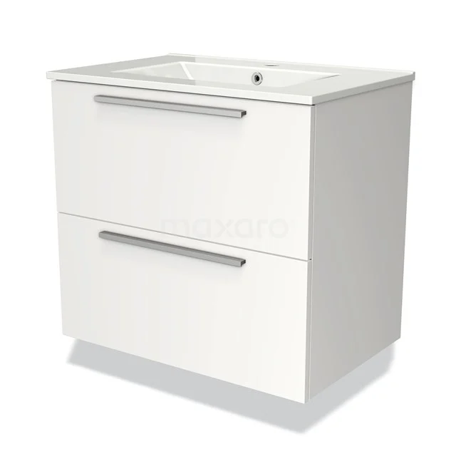 Witte badkamerkast met twee lades, strak design en geïntegreerde wastafel; ideaal als functionele en stijlvolle opbergoplossing.