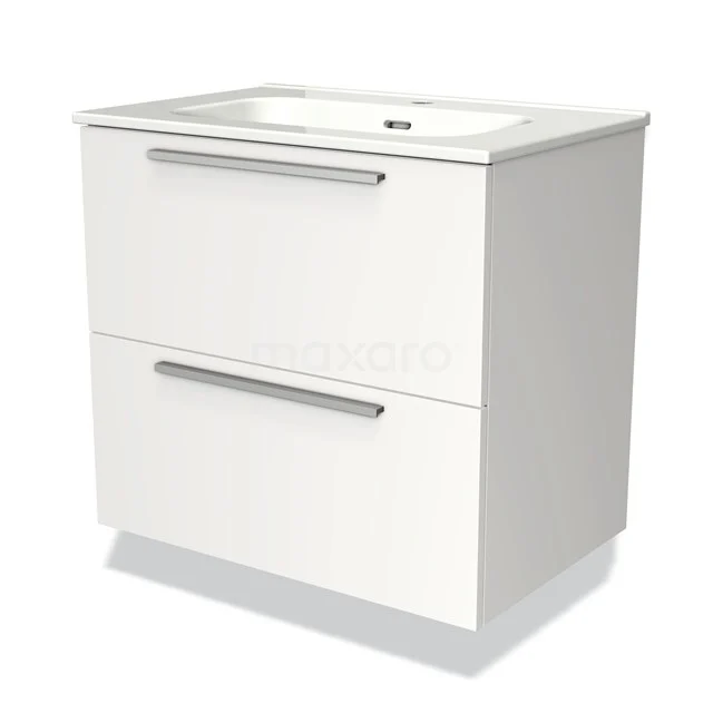 Witte badkamerkast met twee lades, strak design, geïntegreerde keramische wastafel, perfect voor moderne badkamers.