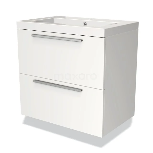 White bathroom unit with two drawers and chrome handles, modern design, ideal for compact bathrooms.